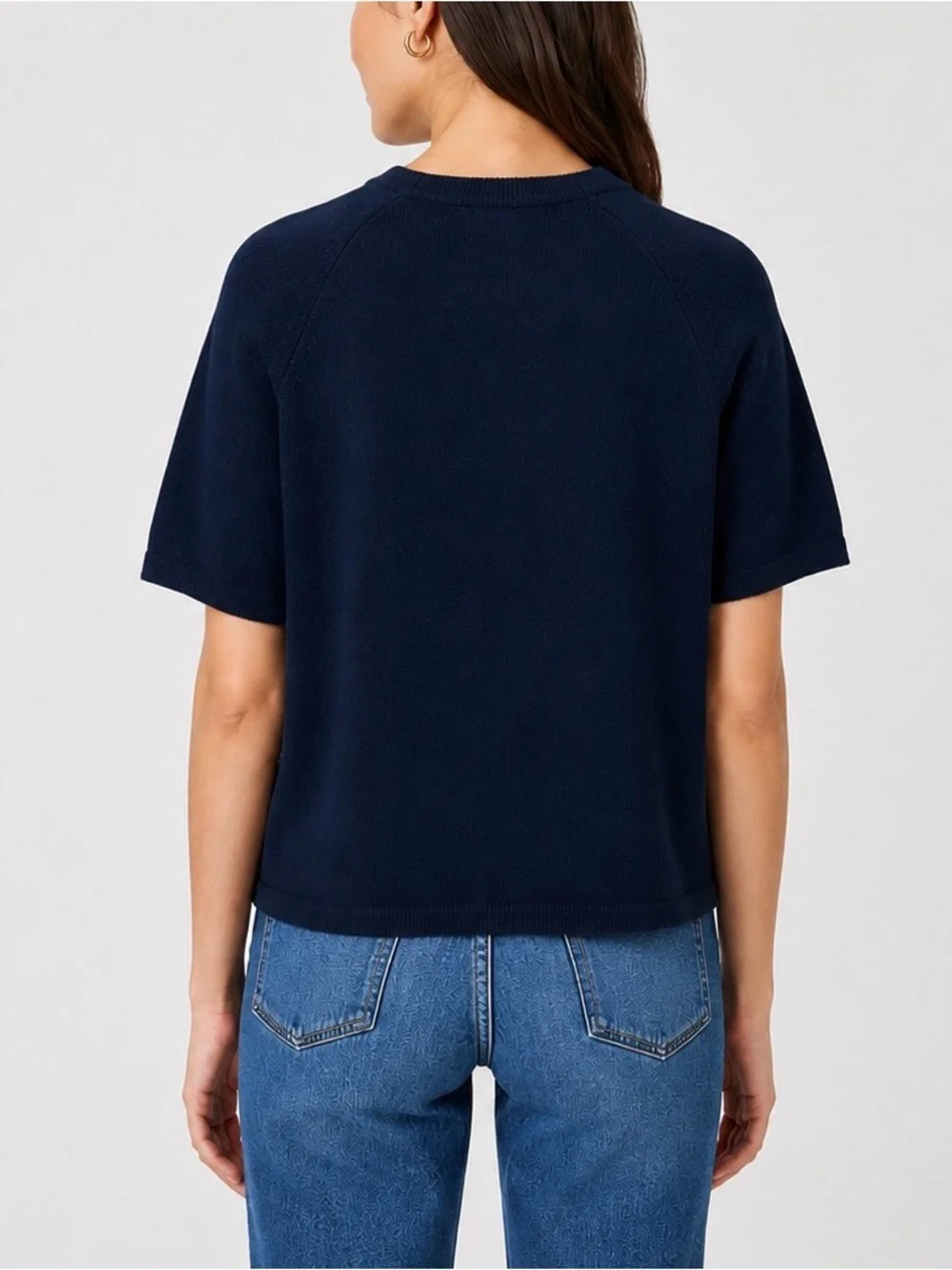 J.Crew Merino Wool Leather Pocket Short Sleeve Sweater Navy Size Large